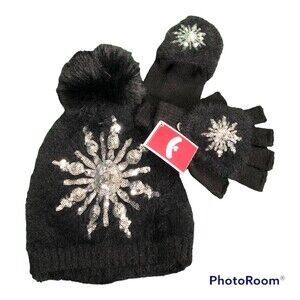 Womens sequin snowflake faux fur winter beanie & gloves set black